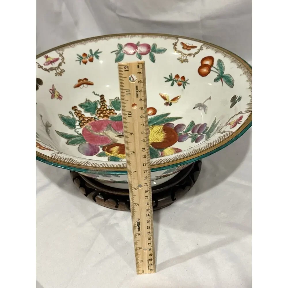 Large Chinese Famille Rose Decorative Porcelain Fruit & ButterflyBowl with Stand